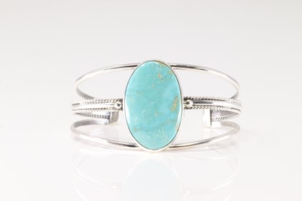 Native America Navajo Sterling Silver Turquoise Bracelet Cuff By T.Benally.