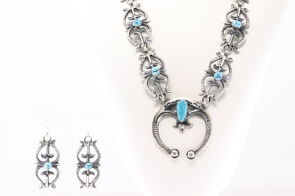 Native America Navajo Sterling Silver Kingman Turquoise Necklace & Earring's Set By EL Billah.