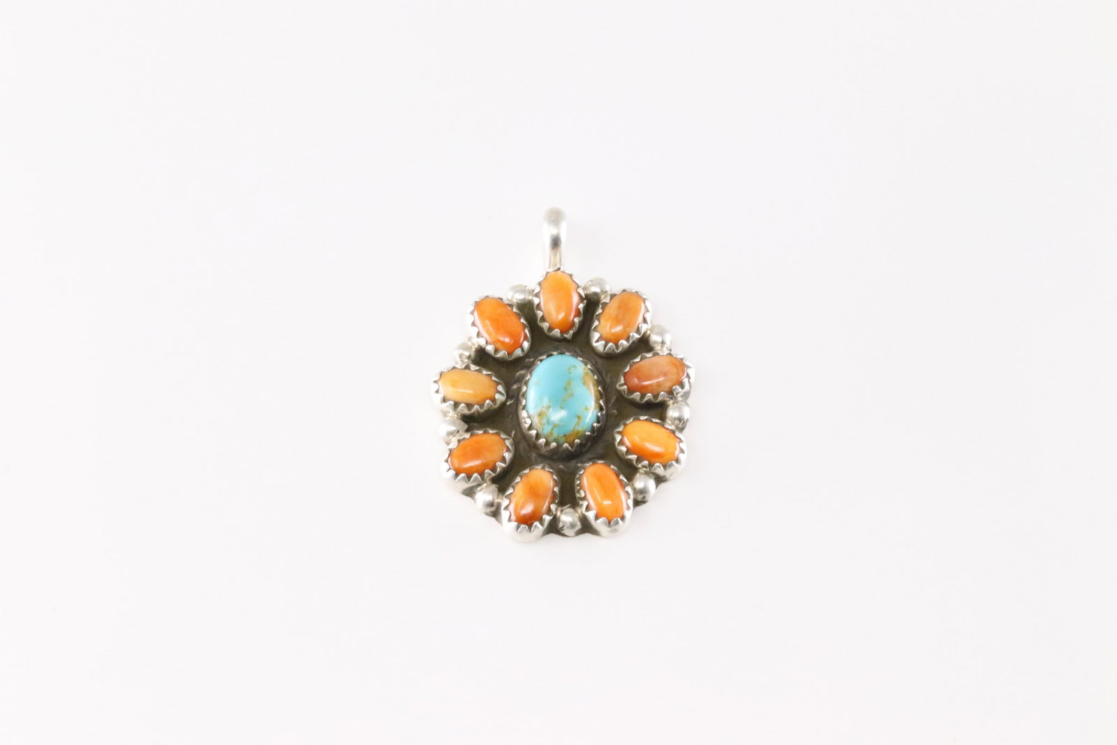 Native America Navajo Sterling Silver Spiny Oyster & Turquoise Pendant By Geraldine James.: This is a Native America Navajo Sterling Silver Spiny Oyster & Turquoise Pendant By Geraldine James.