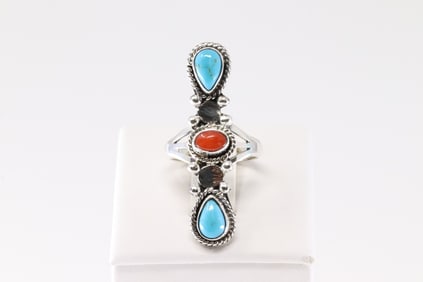 Native America Navajo Sterling Silver Coral & Turquoise Ring By Jerryson Henio.