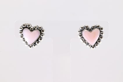 Native America Navajo Sterling Silver Pink Conch Shell Heart Post Earring's By Annette Martinez.