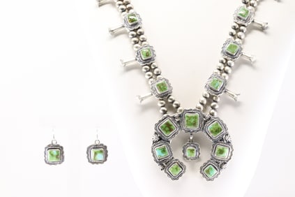 Native America Navajo Sterling Silver Sonora Gold Turquoise Squash Blossom Necklace & Earring's Set