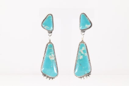Native America Navajo Sterling Silver Kingman Turquoise Post / Dangling Earring's By Judith Dixon.