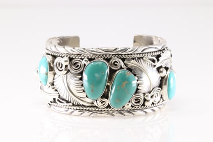 Native America Navajo Sterling Silver Kingman Turquoise Bracelet Cuff By M.Thomas Jr.
