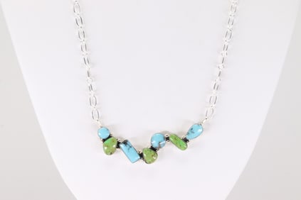 Native America Navajo Sterling Silver Turquoise Necklace By David Lopez.