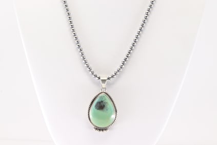 Native America Navajo Sterling Silver Kingman Turquoise Pendant By Judith Dixon. With Pearl Beaded