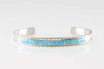 Native America Navajo Sterling Silver Turquoise Inlay Bracelet Cuff By J.P.