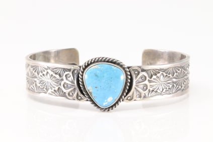 Native America Navajo Sterling Silver Kingman Turquoise Heart Bracelet Cuff By Sunshine Reeves.