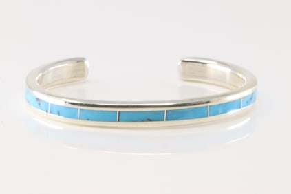 Native American Zuni Sterling Silver Kingman Turquoise Inlay Bracelet Cuff By Lawrence Lorret.