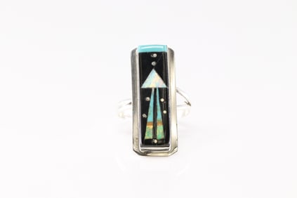 Native America Navajo Sterling Silver Night Sky Inlay Ring By Smith.