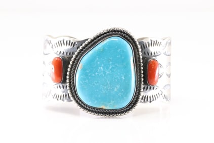 Native America Navajo Sterling Silver Coral & Kingman Turquoise Bracelet Cuff By Chimney Butte.