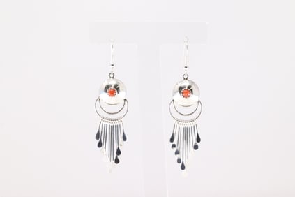 Native America Navajo Sterling Silver Coral Dangling Earring's By Delmar Armstron.