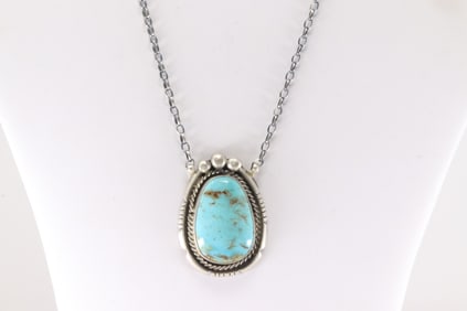 Native America Navajo Sterling Silver Kingman Turquoise Necklace By Brandon Etcitty.