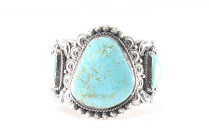 Native America Navajo Sterling Silver Kingman Turquoise Bracelet Cuff By Tily John.