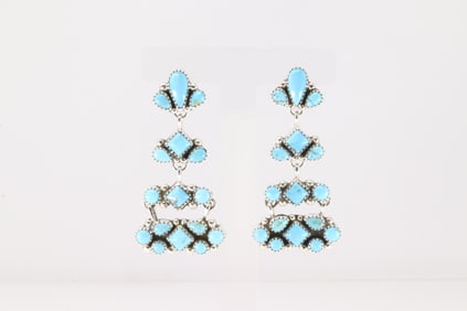 Native America Navajo Sterling Silver Kingman Turquoise Post / Dangling Earring's By Tina Jones.