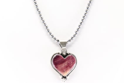 Native America Navajo Sterling Silver Purple Spiny Oyster Heart Pendant By Johnny Dixon. With Pearl