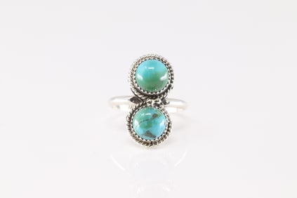 Native America Navajo Sterling Silver Turquoise Ring 2 Stone By E.W.