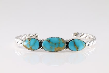 Native America Navajo Sterling Silver Turquoise Bracelet Cuff By Sadie Jim.