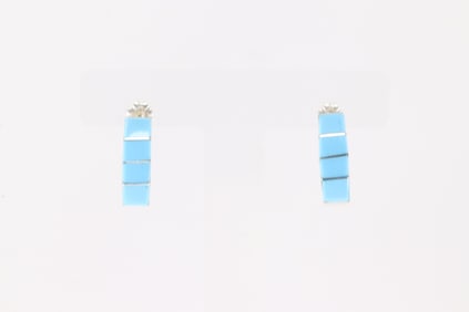 Native America Zuni Sterling Silver Turquoise Inlay Hoop Earring's By Gilbert Kanesta.