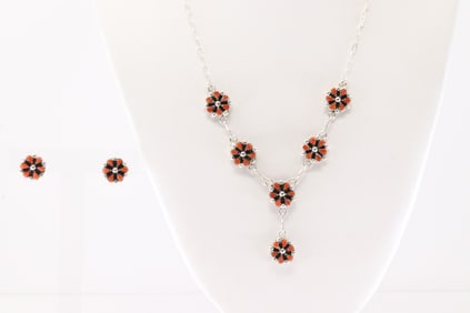 Native America Zuni Sterling Silver Coral Necklace & Earring's Set By Tricia Leekite.