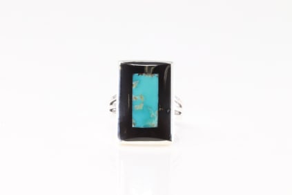 Native America Navajo Sterling Silver Black Onyx & Turquoise Ring By Harlan Coonsis.