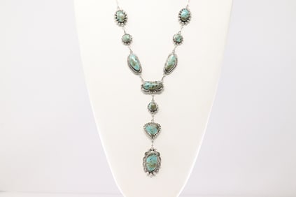 Native America Navajo Sterling Silver Kingman Turquoise Necklace By Lerroy Silversmith.