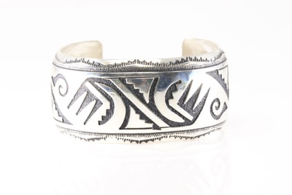 Native American Navajo Sterling Silver Solid Design Bracelet Cuff By T/R Singer.