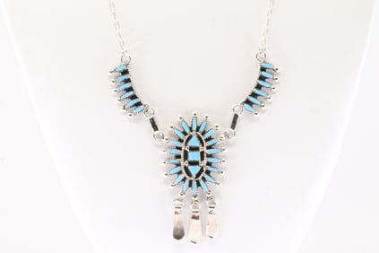 Native America Zuni Sterling Silver Turquoise Necklace & Earring's Set By Evonne Hustito.