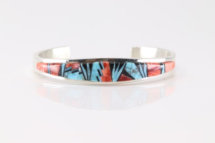 Native America Zuni Sterling Silver Multi-color Bracelet Cuff By C.W.