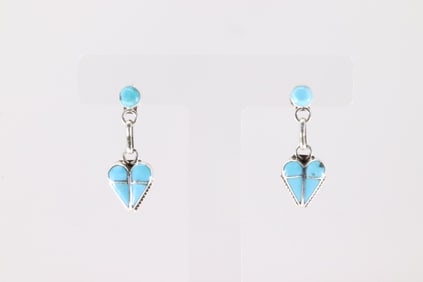 Native America Zuni Sterling Silver Kingman Turquoise Heart Post / Dangling Earring's By Velda