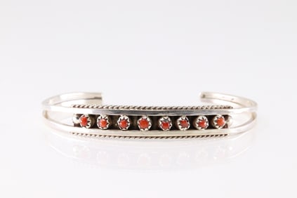 Native America Zuni Sterling Silver Coral Bracelet Cuff By Susie Livingston.