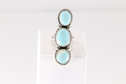 Native America Navajo Sterling Silver Turquoise Ring 3 Stone By S.