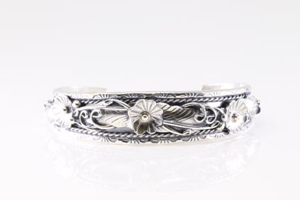 Native America Navajo Sterling Silver Bracelet Floral Cuff By Bessie Joe.