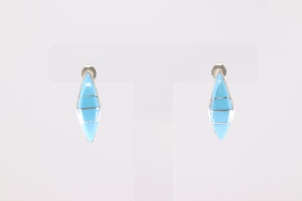 Native America Zuni Sterling Silver Turquoise Hoop Earring's By Robert Kanesta.