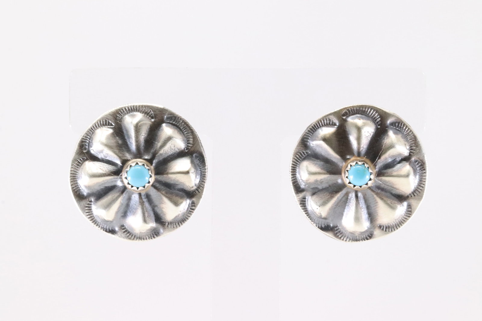 Native America Navajo Sterling Silver Turquoise Conch Post Earring's By Joan Begay.: This is a Native America Navajo Sterling Silver Turquoise Conch Post Earring's By Joan Begay.