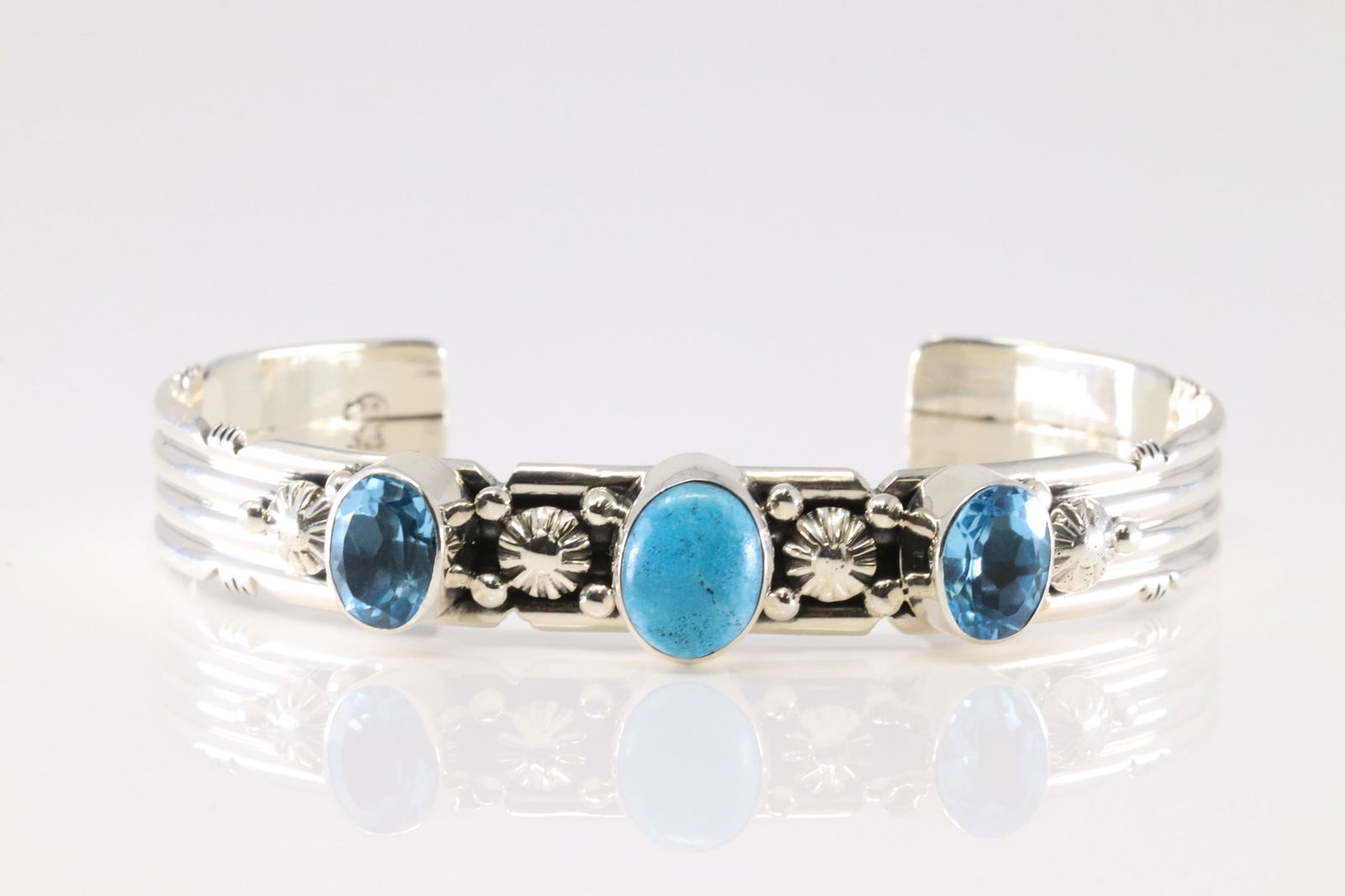 Native America Navajo Sterling Silver Blue Topaz & Turquoise Bracelet Cuff By Gilbert Smith. (1 of 4)