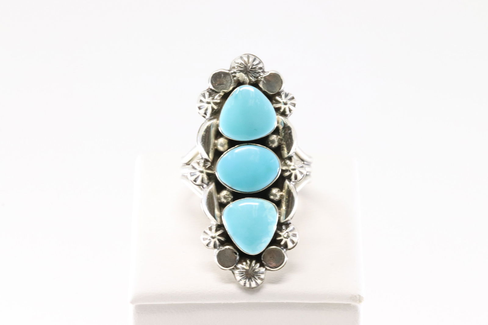 Native America Navajo Sterling Silver Turquoise Ring 3 Stone Sadie Jim. (1 of 4)