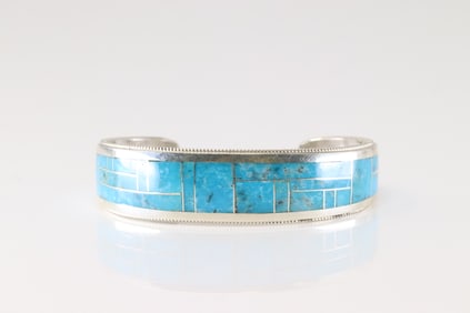 Native America Zuni Sterling Silver Kingman Turquoise Inlay Bracelet Cuff By R.G.B.