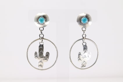 Native America Navajo Sterling Silver Turquoise Cactus Post / Dangling Earring's By Gabrielle