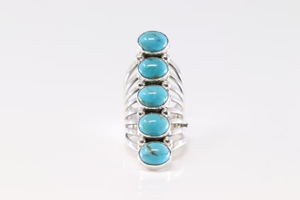 Native America Navajo Sterling Silver Turquoise Ring 5 Stone By Thomas Yazzie.