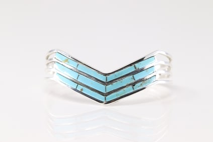 Native America Navajo Sterling Silver Turquoise Inlay Bracelet Cuff By Jamie Johnson.