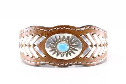 Native America Navajo Sterling Silver Turquoise Leather Bracelet Cuff By Armstron.
