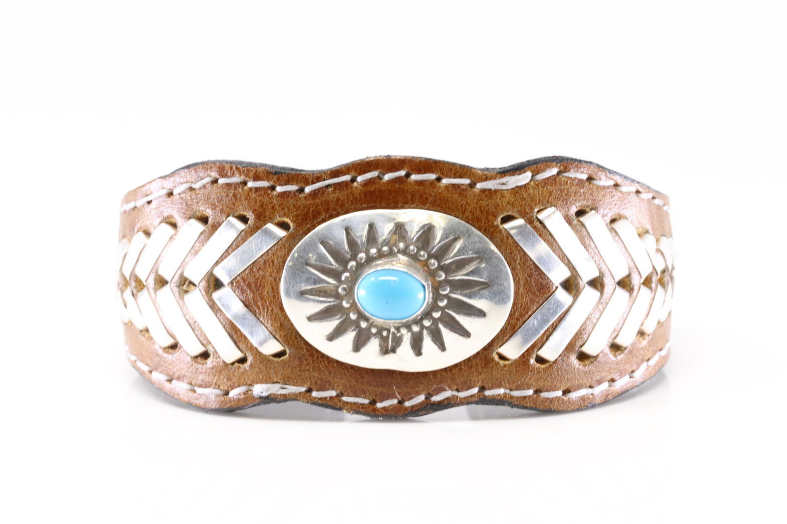 Native America Navajo Sterling Silver Turquoise Leather Bracelet Cuff By Armstron. (1 of 4)