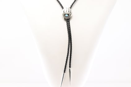 Native America Navajo Sterling Silver Bear Paw Turquoise Bolo Necklace By Ervin Begay.
