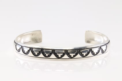 Native America Navajo Sterling Silver Stamped Design Bracelet Cuff By T&R Singer.