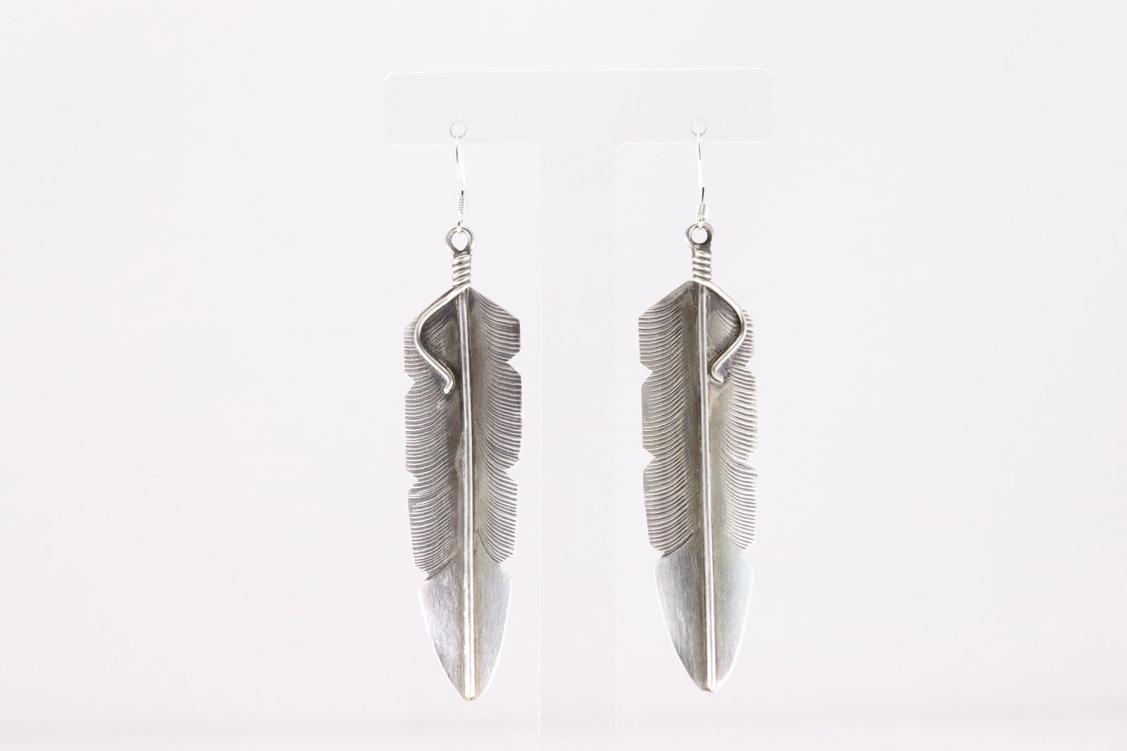 Native America Navajo Sterling Silver Solid Feather Dangling Earring's By C.C. (1 of 4)