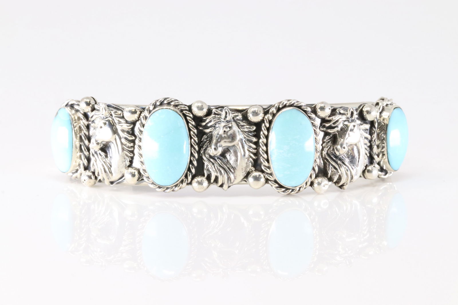 Native America Navajo Sterling Silver Turquoise Bracelet Horse Head Cuff By R.B. (1 of 4)