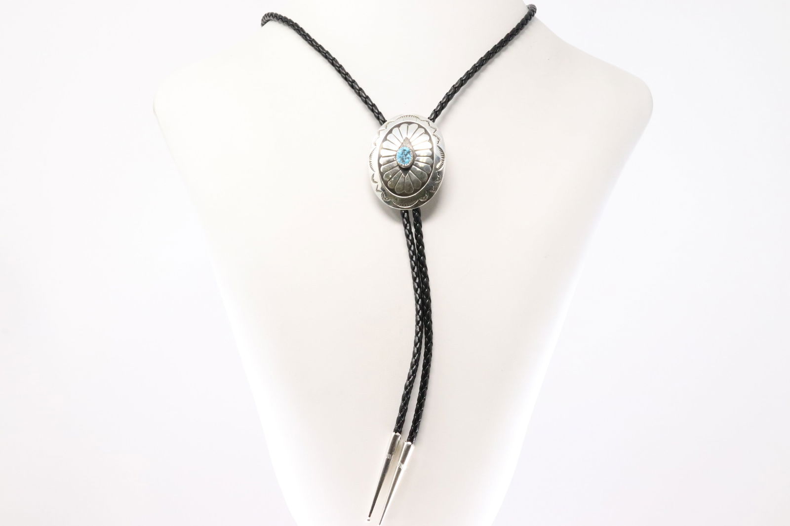 Native America Navajo Sterling Silver Turquoise Bolo Necklace By J.B. (1 of 4)