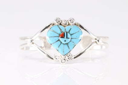 Native America Zuni Sterling Silver Multi-Color Stone Inlay Heart Bracelet Cuff By Ola Eriacho.
