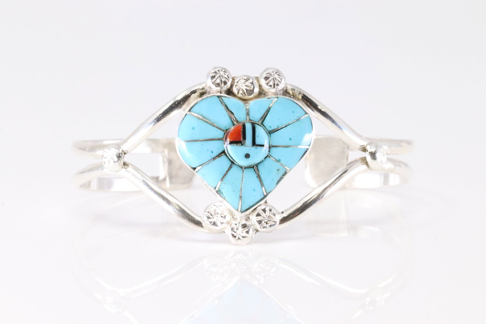Native America Zuni Sterling Silver Multi-Color Stone Inlay Heart Bracelet Cuff By Ola Eriacho.: This is a Native America Zuni Sterling Silver Multi-Color Stone Inlay Heart Bracelet Cuff By Ola Eriacho.